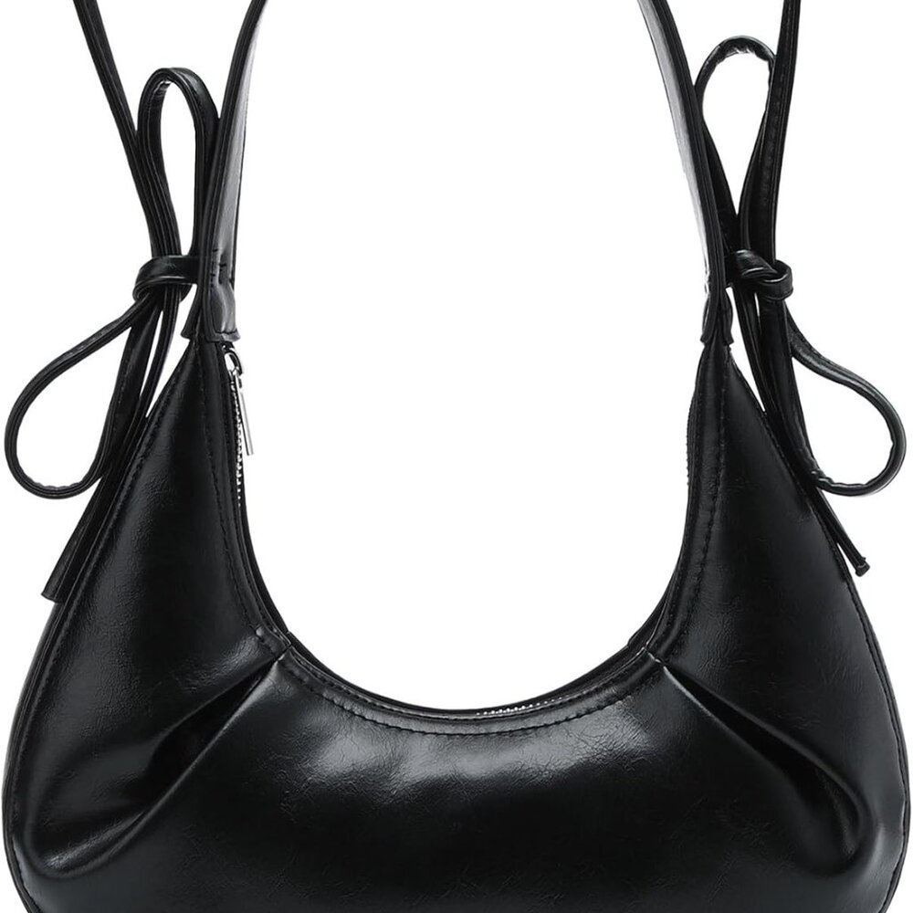 Elegant Black Hobo Tote Stylish Small Purse With Zipper Closure And Bow Strap